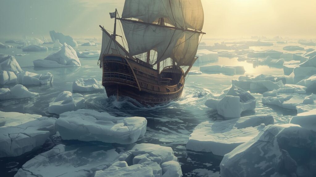 16th-century wooden ship breaking the ice in frozen waters – origin of the phrase “Breaking the Ice”
