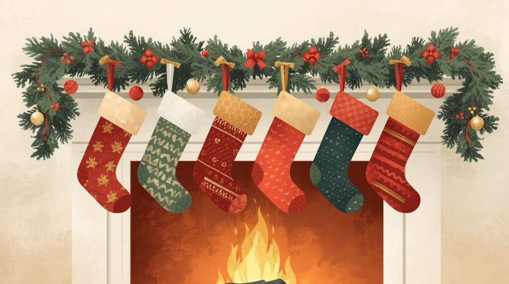Christmas stockings hanging above a decorated fireplace, representing the origin and tradition of Christmas stockings.