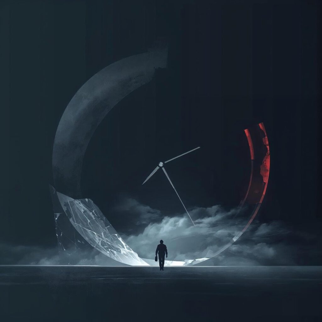 Symbolic clock face set close to midnight representing the Doomsday Clock and humanity’s risk of global catastrophe.