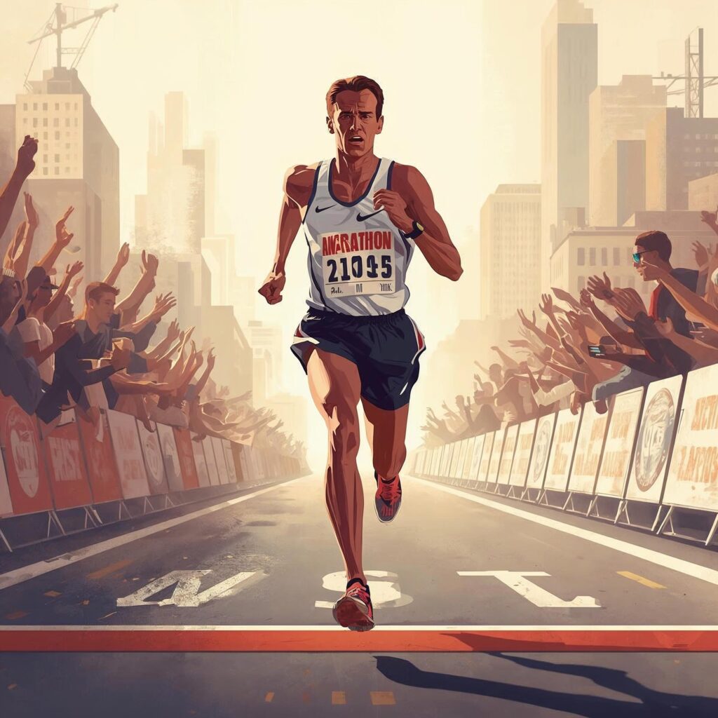 A marathon runner showing determination near the finish line, representing the endurance and history behind the 26.2-mile marathon race.
