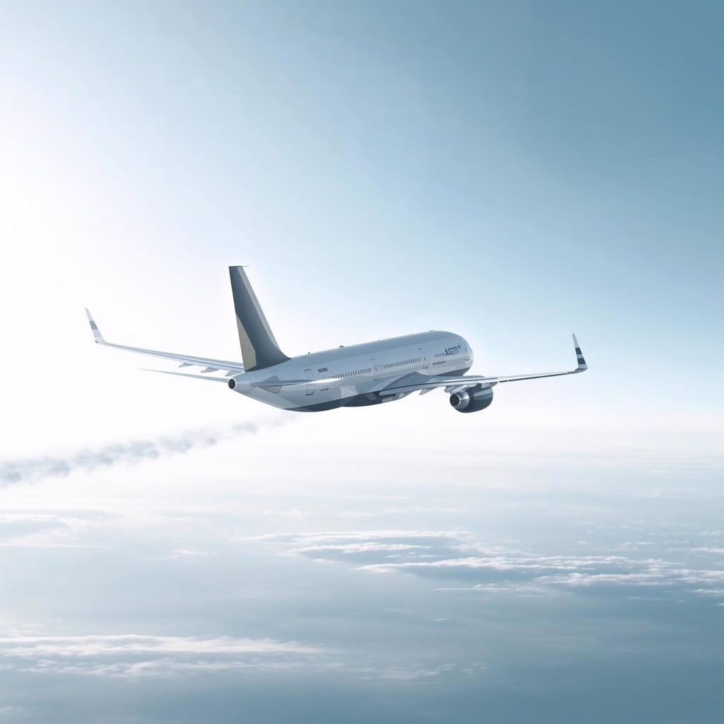 Commercial airplane flying at altitude with a faint fuel mist trailing from the wings during a controlled fuel dumping procedure.