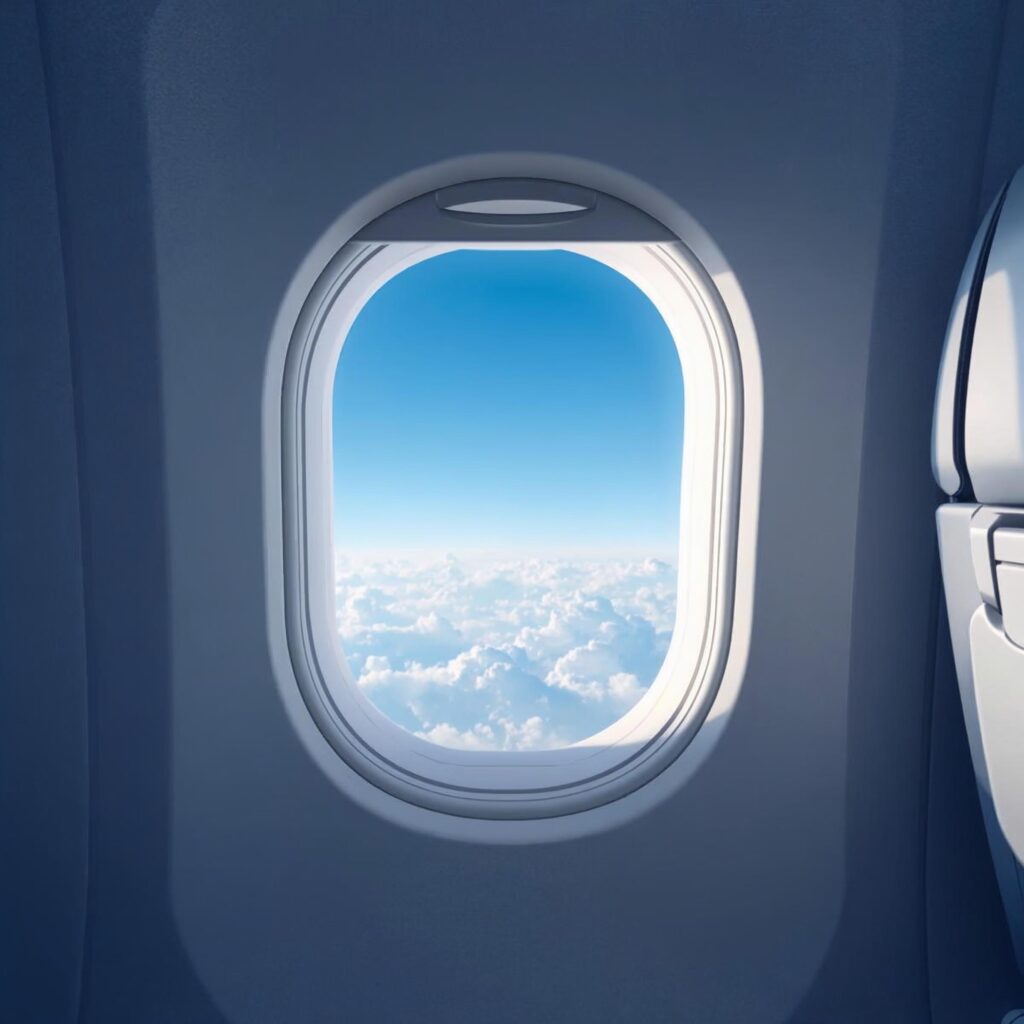 Oval airplane window viewed from inside the cabin, showing clouds outside and illustrating the safety and engineering reasons behind the oval window design.