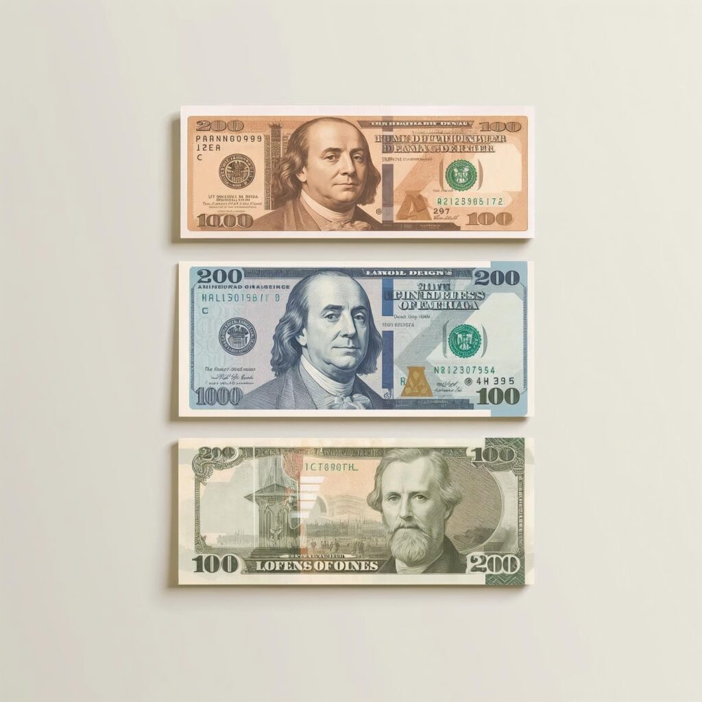 Different-sized and colorful banknotes placed side by side, showing how currency design helps users quickly identify denominations.