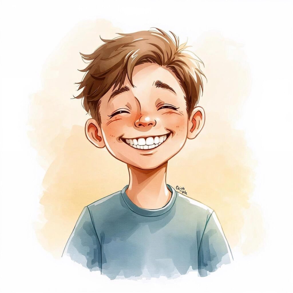 Smiling 12-year-old boy laughing naturally, capturing a joyful reaction often associated with ticklish sensations.