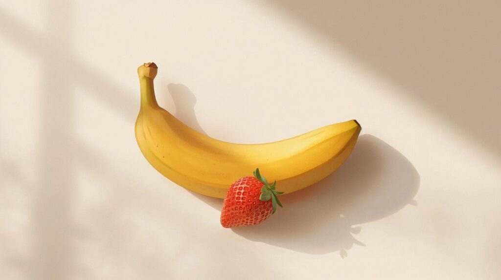 Banana and strawberry shown side by side, illustrating the botanical fact that bananas are berries while strawberries are not.