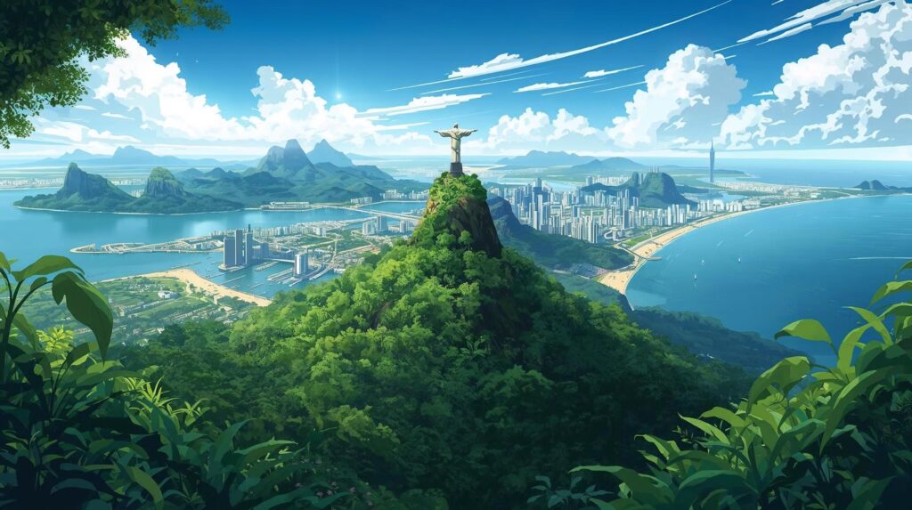 Panoramic view of Brazil featuring the Amazon rainforest, Rio de Janeiro coastline, and urban skyline, representing the country’s scale and diversity.
