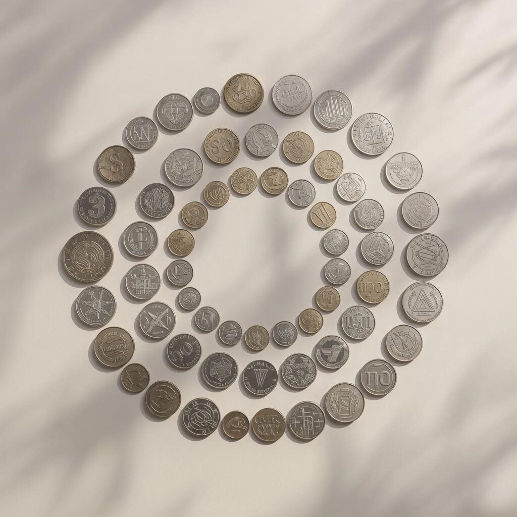 Circular coins arranged neatly, highlighting the timeless round design used in currency across centuries.