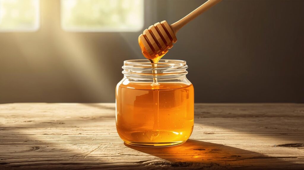 Glass jar of golden honey with a honey dipper dripping thick honey, symbolizing its long-lasting natural preservation properties.