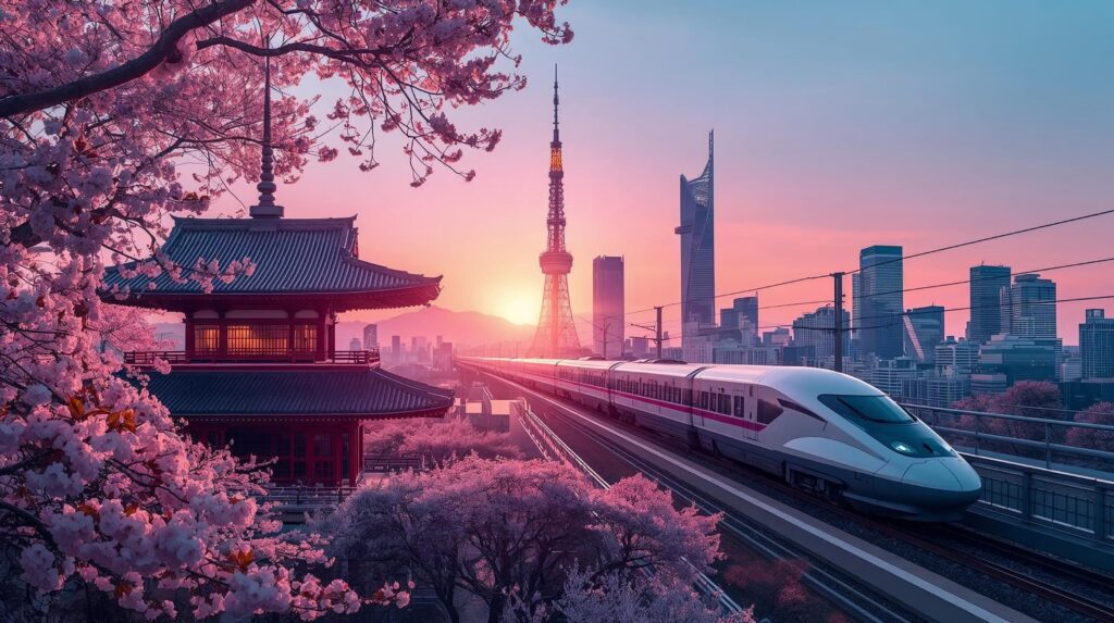 Traditional Japanese temple with cherry blossoms in the foreground and modern Tokyo skyline in the background, representing Japan’s blend of past and future.
