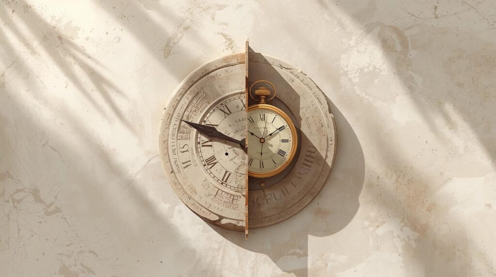 Ancient sundial and modern clock shown together, representing how time is still measured using the ancient 60 and 12 system.