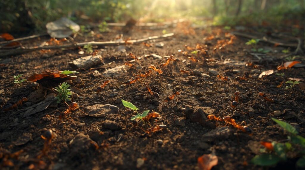 Large group of ants forming organized trails across forest soil, representing ant supercolony behavior.