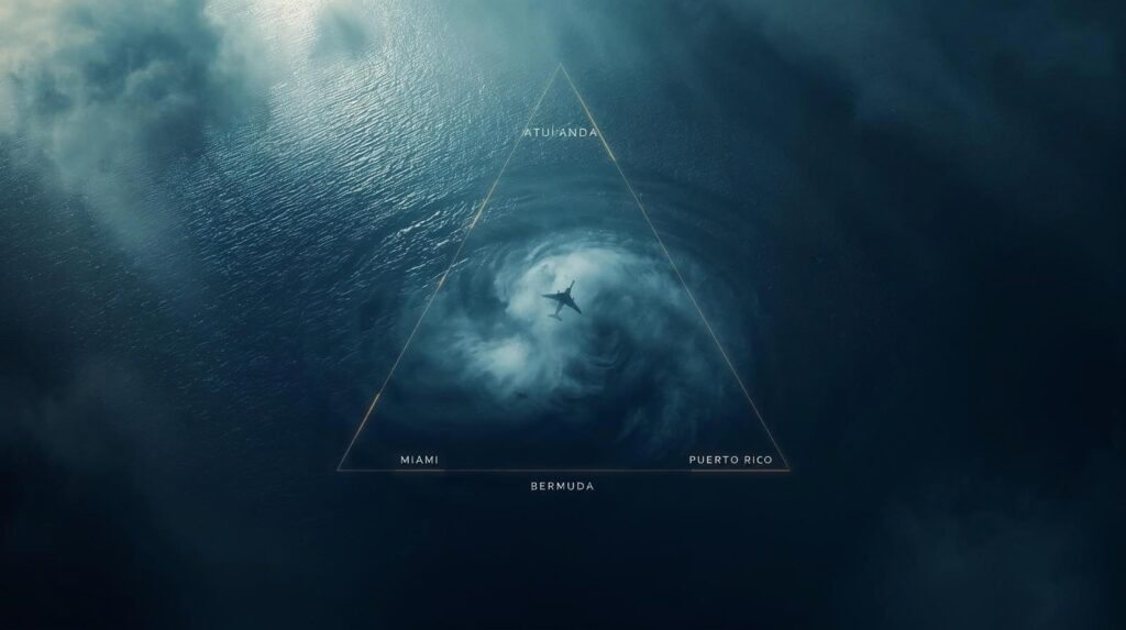 Aerial view of the Atlantic Ocean highlighting the Bermuda Triangle region with a mysterious atmosphere.