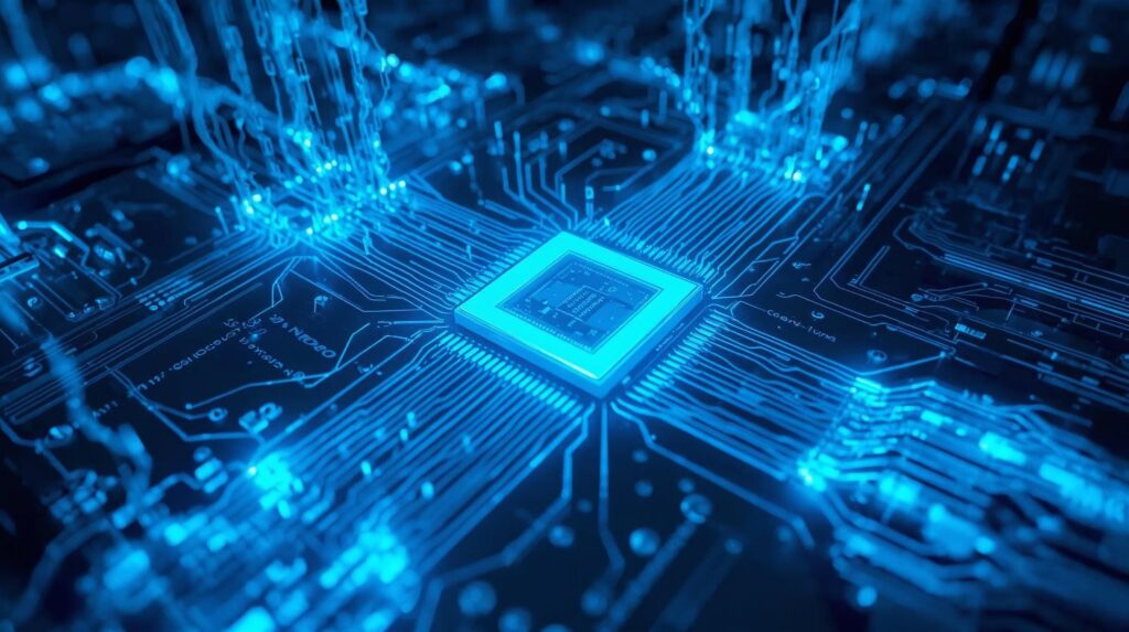 Glowing binary numbers flowing across a circuit board representing digital computing.