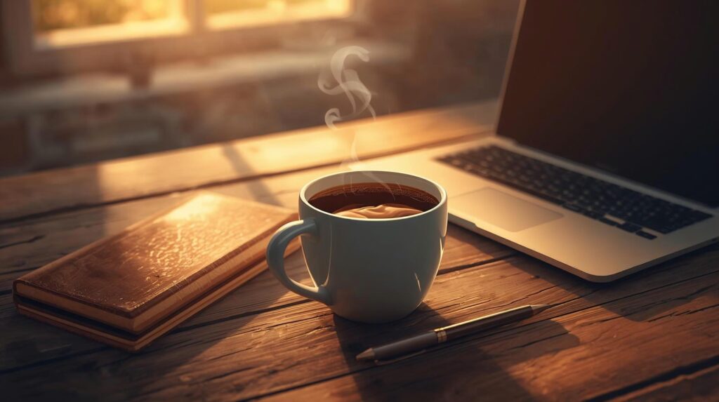 Steaming cup of coffee on a desk with notebook and laptop, symbolizing coffee’s connection to productivity and work culture.