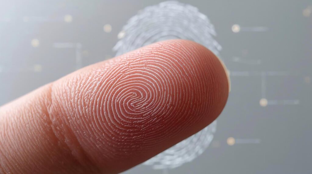 Close-up view of a human fingertip showing detailed fingerprint ridge patterns.