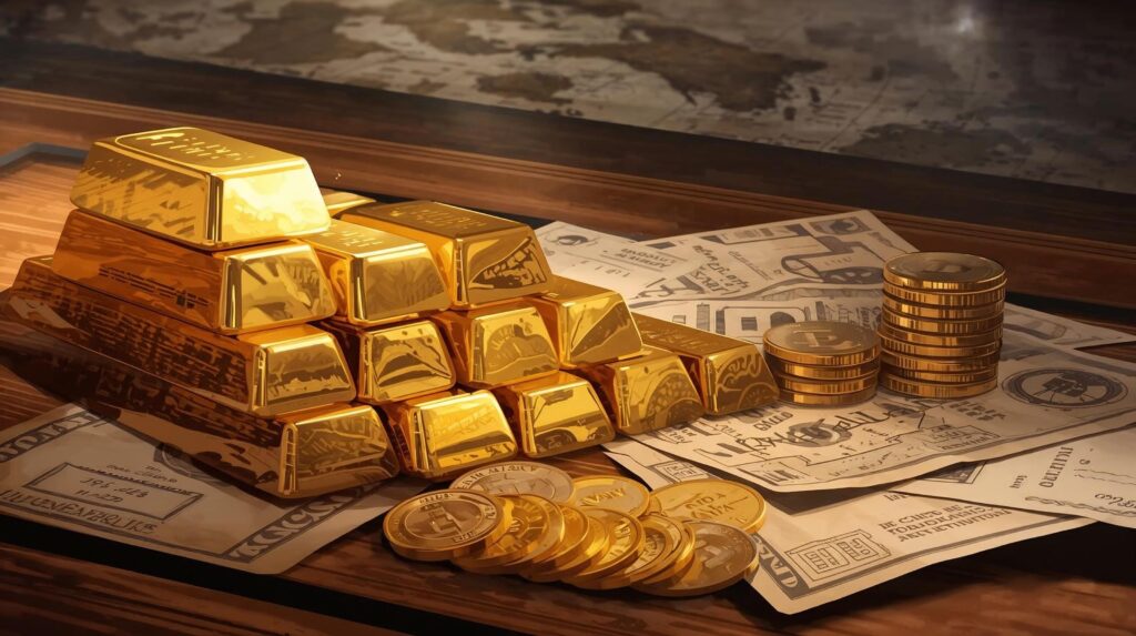 Gold bars placed beside old paper currency symbolizing the gold standard monetary system.