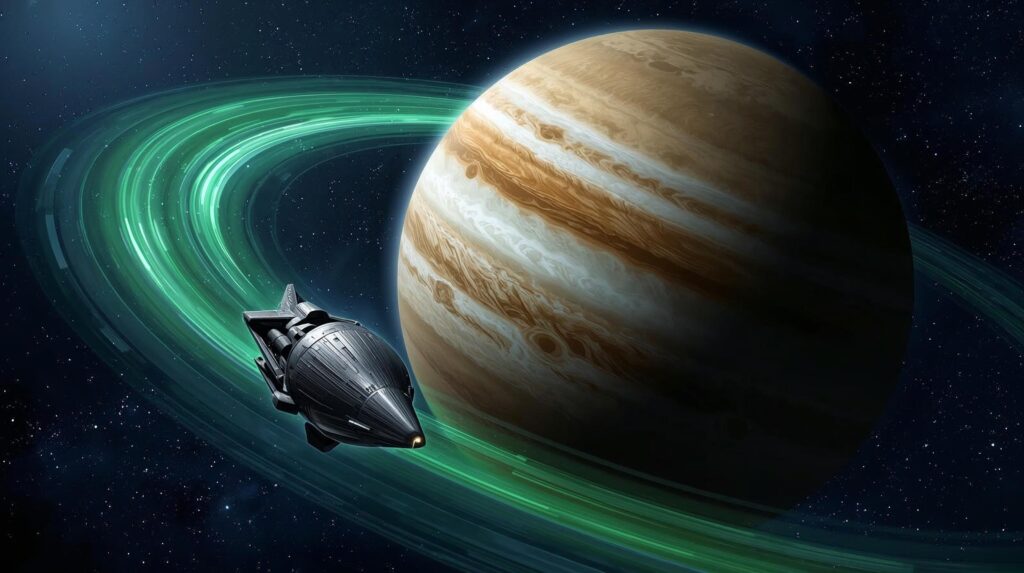 Spacecraft performing a gravity assist maneuver around a planet to gain speed.