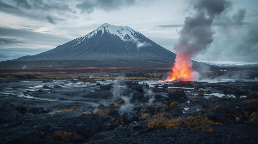Volcanic landscape in Iceland with a geyser eruption, lava field, and glacier-covered mountains.