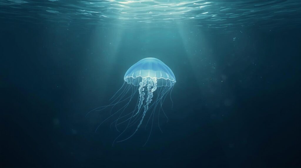 Small translucent jellyfish glowing underwater, representing the immortal jellyfish capable of reversing its life cycle.