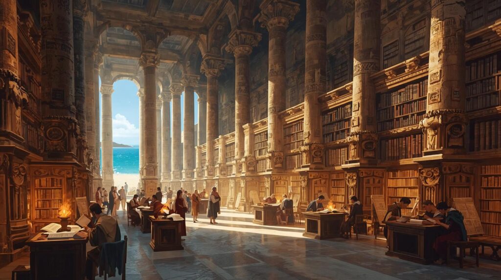 Ancient scholars studying scrolls inside the legendary Library of Alexandria.