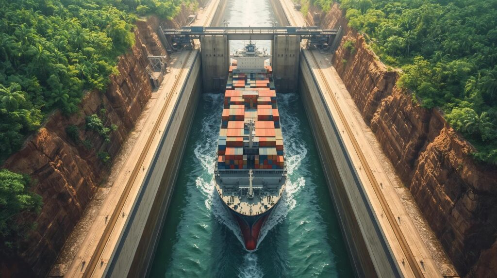 Cargo ship passing through the Panama Canal lock system connecting the Atlantic and Pacific Oceans.