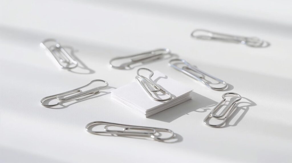 Metal paper clip holding a small stack of papers together on a clean desk surface.