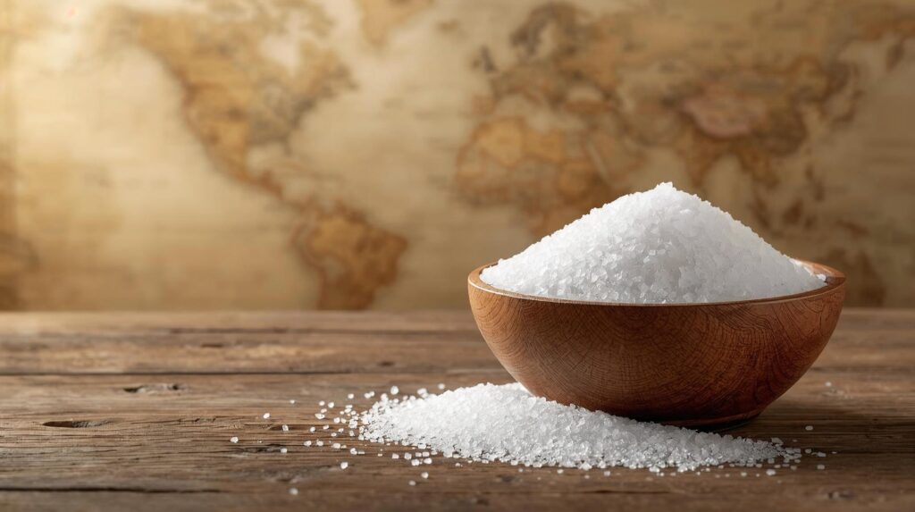 Bowl of sea salt crystals on a wooden surface with a historic world map in the background.