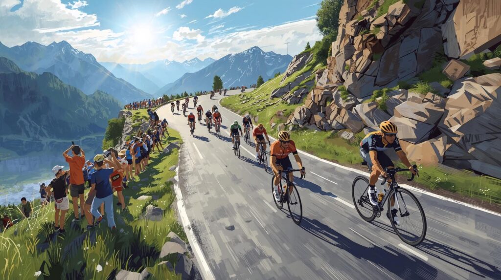 Professional cyclists climbing a mountain road during a stage of the Tour de France.