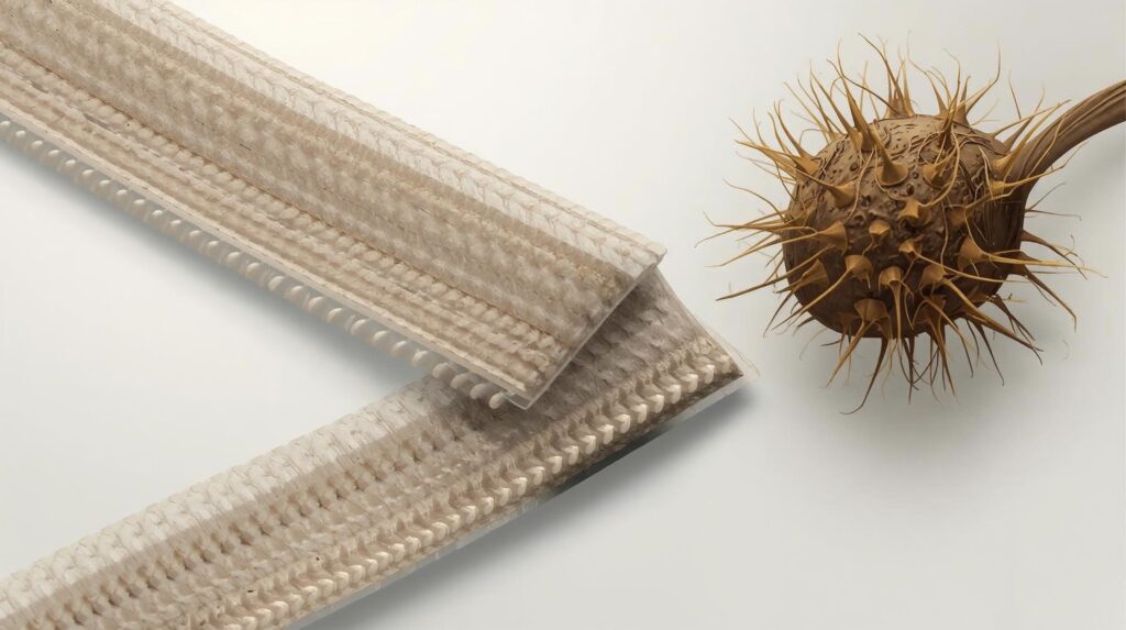 Close-up view of Velcro hook-and-loop strips next to a burdock plant burr that inspired the invention.