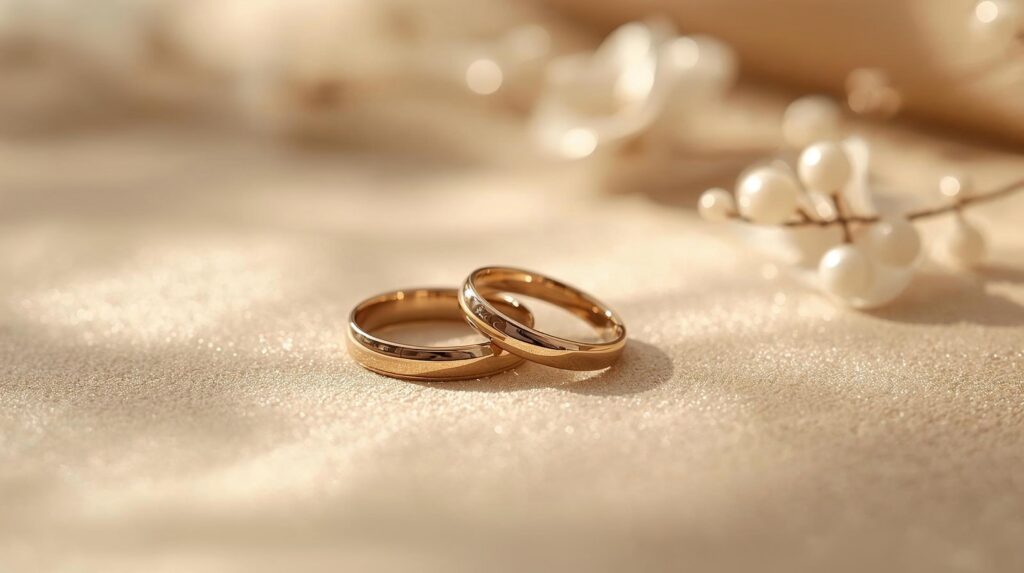 Two gold wedding rings placed together symbolizing marriage and lifelong commitment.