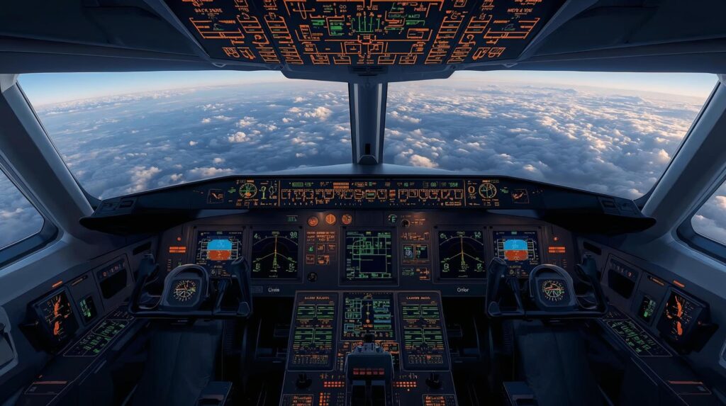 Aircraft cockpit with autopilot engaged showing digital flight instruments and controls.