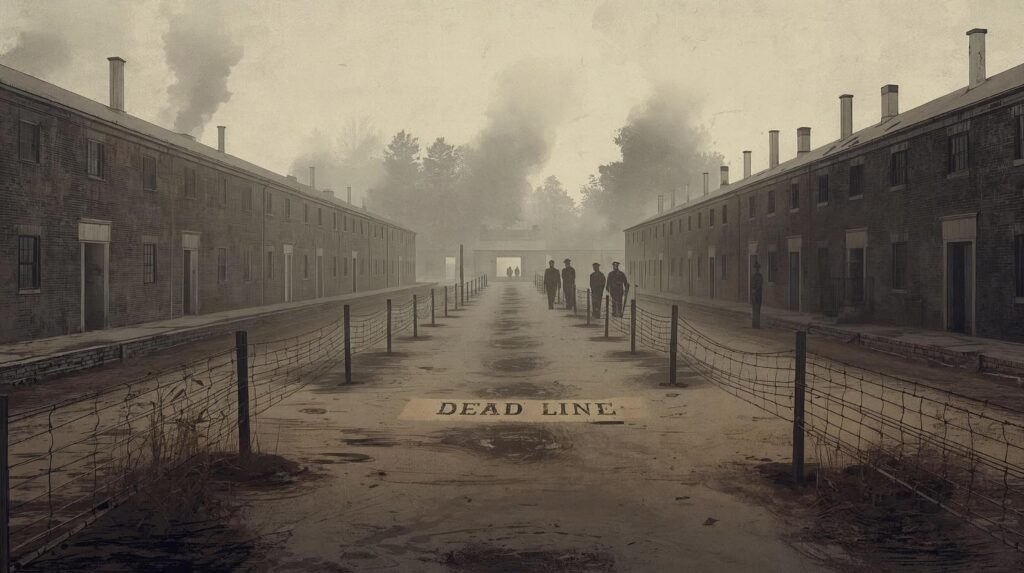 Historical prison camp showing a marked boundary line representing the original meaning of deadline.