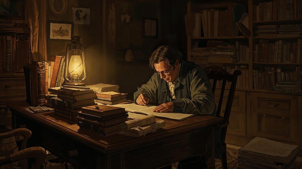 Scholar studying late at night beside an oil lamp representing the phrase burning the midnight oil.