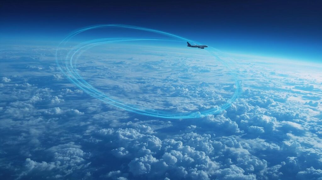 Commercial airplane flying near powerful jet stream air currents high above the clouds.
