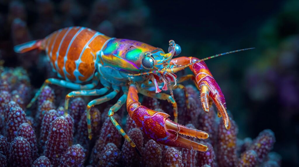 Colorful mantis shrimp with highly detailed eyes resting on a coral reef underwater.