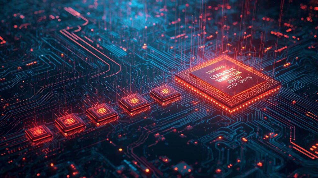 Advanced computer chips and microprocessors representing the rapid growth of computing power.