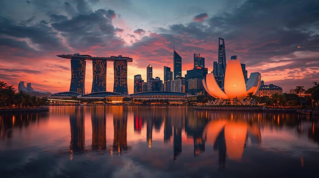 Modern Singapore skyline featuring Marina Bay Sands and Gardens by the Bay at sunset.