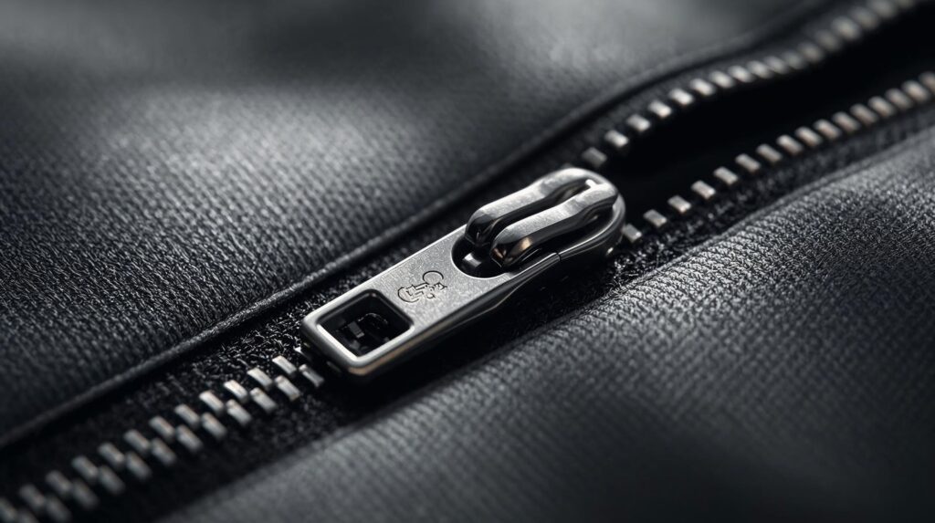Close-up view of a metallic zipper showing interlocking teeth and slider mechanism.