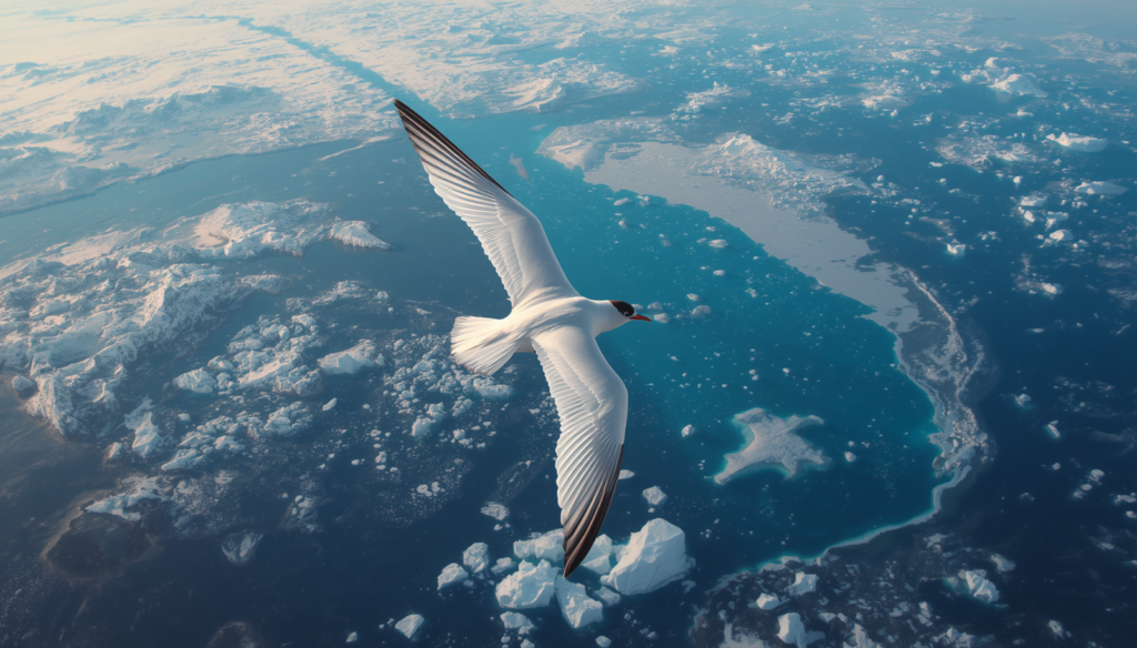 Arctic Tern flying above the ocean during its annual migration between the Arctic and Antarctica.