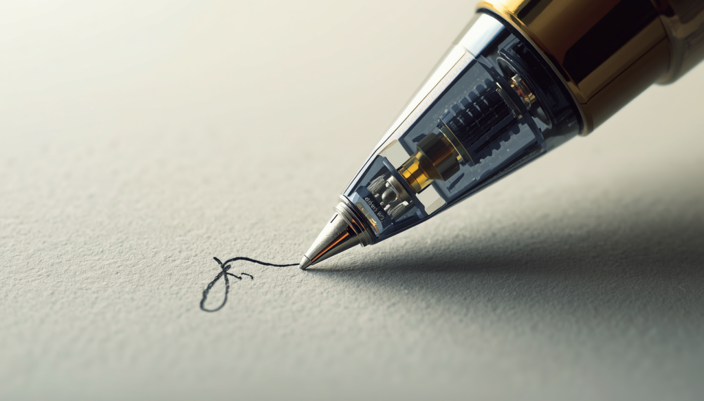 Close-up of a ballpoint pen tip showing the tiny rotating ball mechanism.