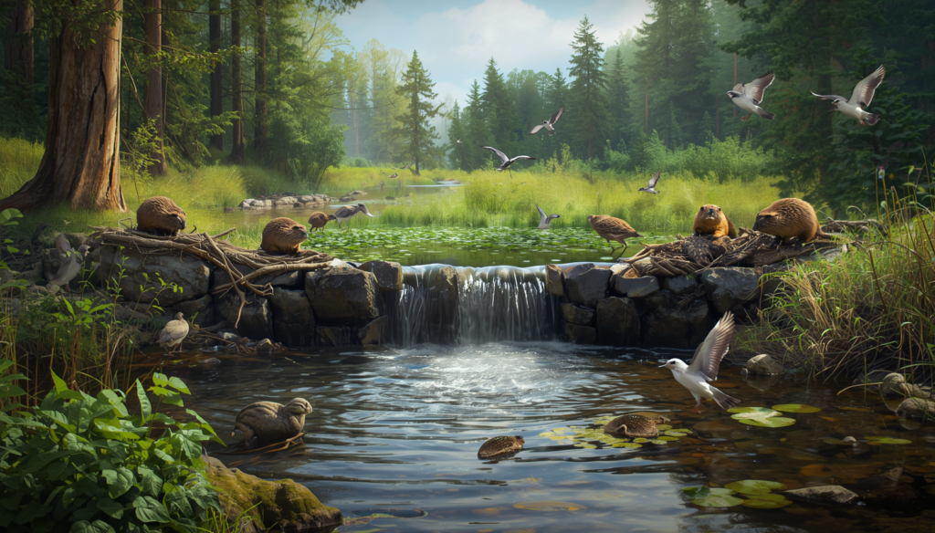 Beavers constructing a dam across a forest stream and creating a wetland habitat.
