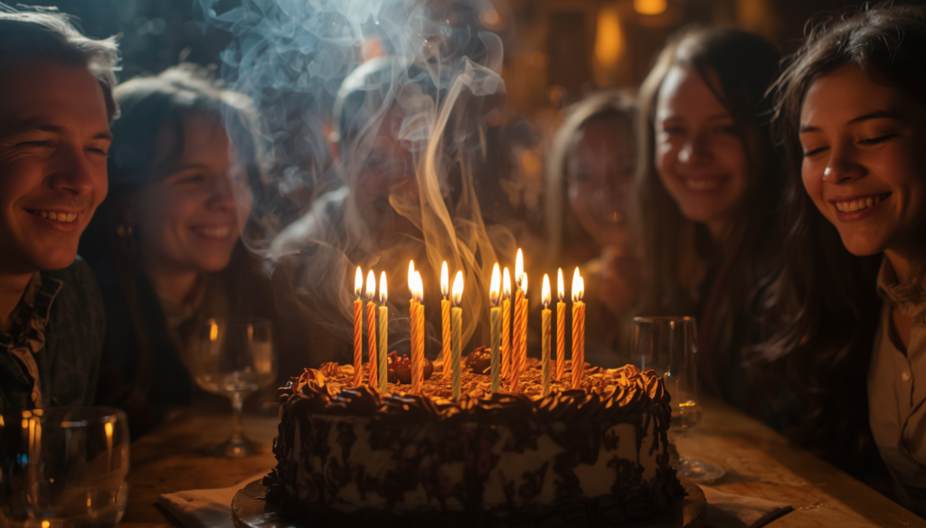 Birthday cake with glowing candles as a person prepares to make a wish.