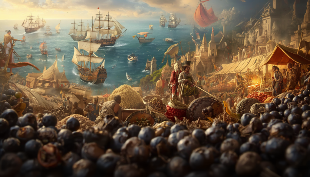 Black peppercorns with historical spice traders and sailing ships representing the global spice trade.