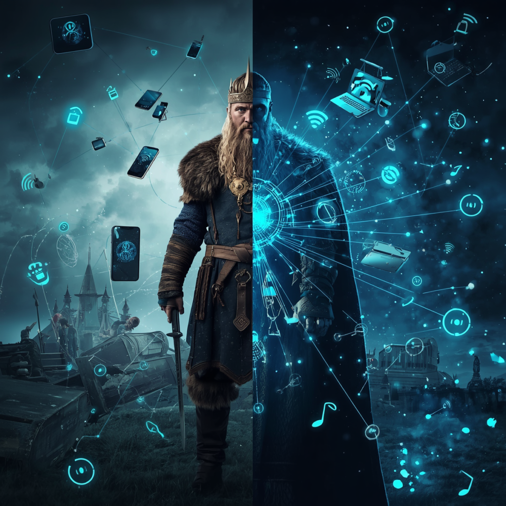 Viking king standing beside modern wireless devices connected through Bluetooth technology.