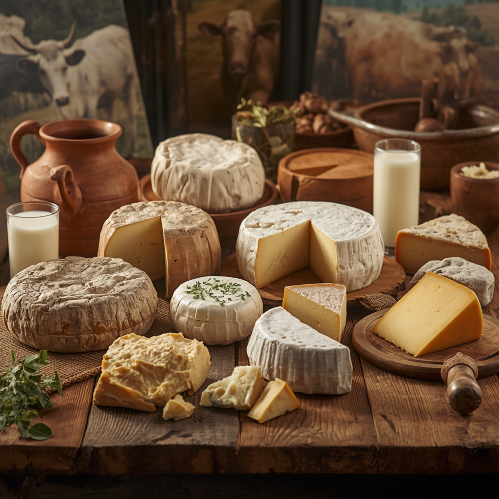Assorted traditional cheeses displayed on a rustic wooden table.