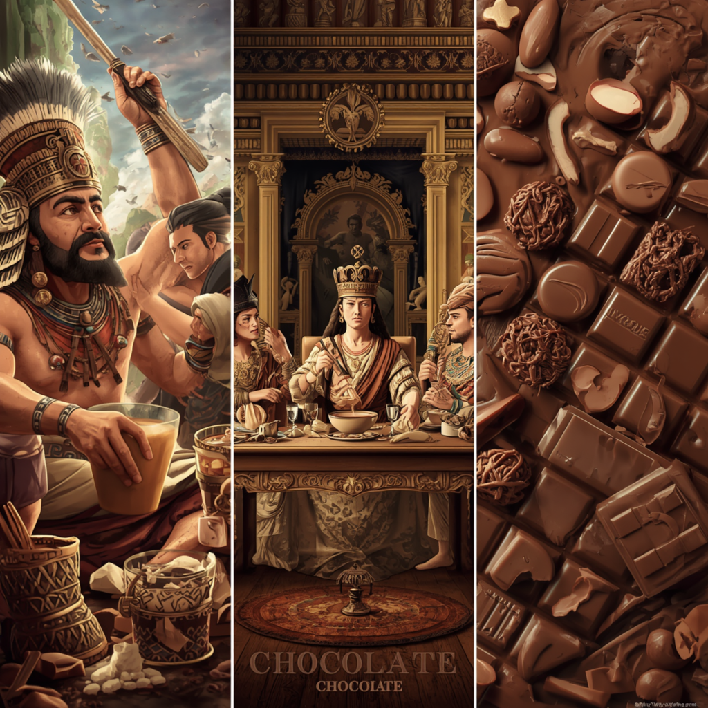 Historical and modern representations of chocolate from ancient cacao drinks to modern chocolate bars.