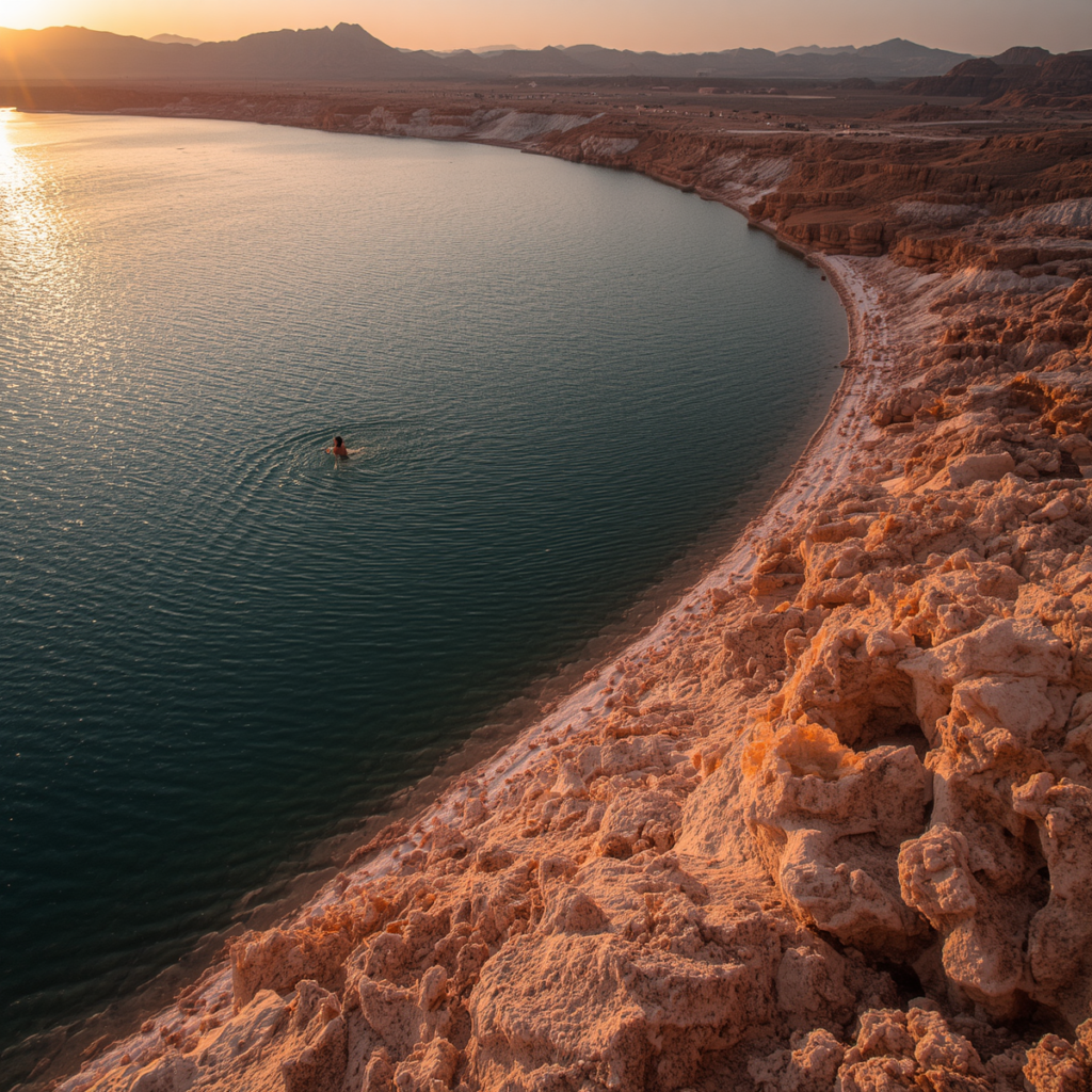 Person floating effortlessly in the highly salty waters of the Dead Sea.