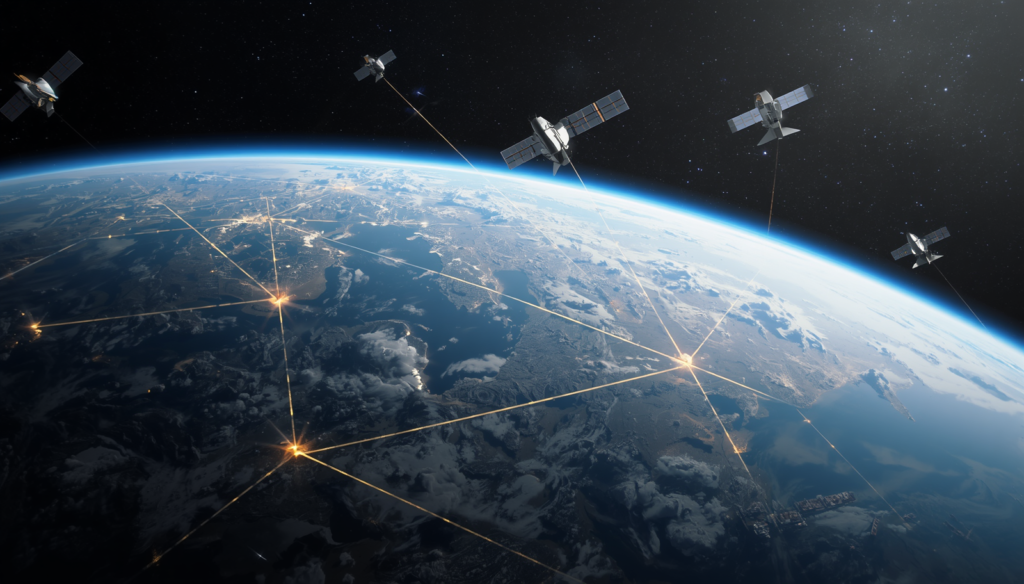 GPS satellites orbiting Earth while transmitting navigation signals to devices below.