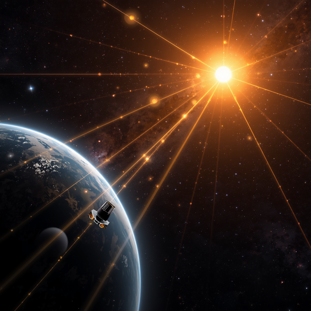 Illustration showing Earth, the Sun, and the five Lagrange Points used by spacecraft.