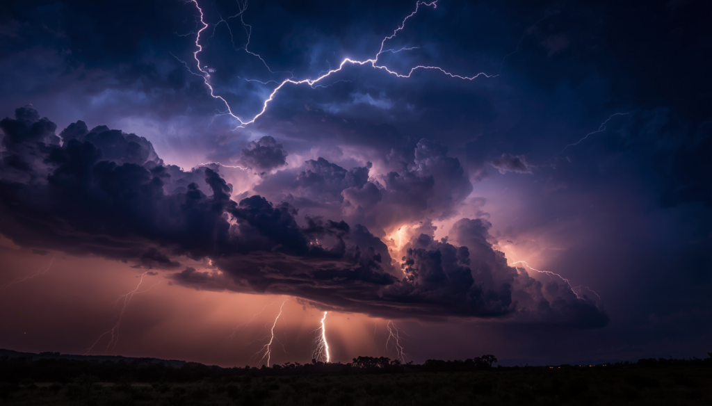 A bright lightning bolt illuminating storm clouds during a nighttime thunderstorm.